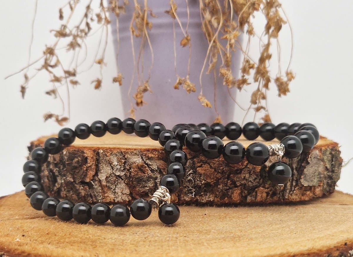 Handgemaakte Fatema natuursteen armband met natuursteen hanger " Obsidian " - 10 mm diameter van de korrel- Diameter armband 20 cm - Een mooi cadeau voor familie en vrienden