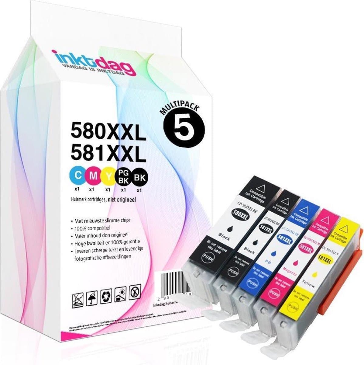 Inktdag inktcartridge voor Canon PGI-580XL / CLI-581XL, Canon 580 /581 inktcartridges van 5 kleuren Voor Printers: TS705 / TR7550 / TR8550 / TS6150 / TS6151 / TS6250 / TS6251 / TS6350 / TS8150 / TS8151 / TS8152 / TS8250 / TS8251 / TS8252 / TS8350
