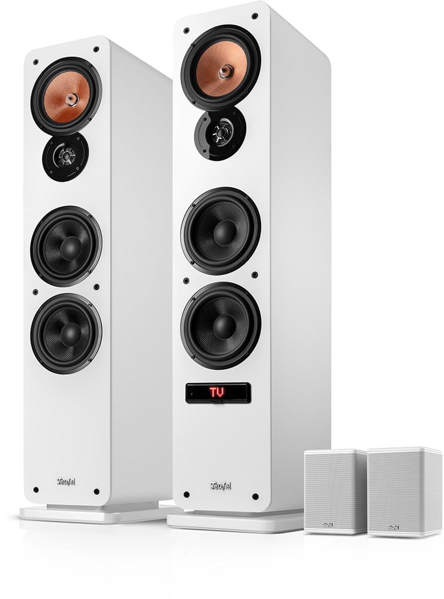 Teufel Ultima 40 AKTIV 3 Surround 4.0 actieve vloerstaande luidsprekers met draadloze actieve achterluidsprekers, Bluetooth aptX, basreflex, ingebouwde versterker, HDMI ARC CEC, USB-C - wit