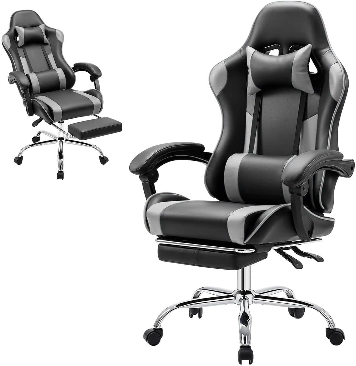 Gamingstoel / Ergonomische Bureaustoel - Kunstleer - Met Voetensteun, Hoofdsteun & Lendenkussen - Verstelbare Hoogte - 125 kg Draagvermogen