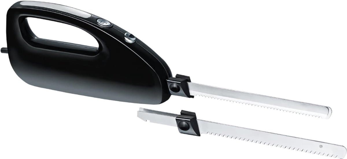 YOR® Elektrisch Broodmes - Elektrisch Mes Met Vingerbescherming – Broodsnijder Incl, Twee Roestvrijstalen Messen - Electrisch Broodmes -Zwart- 43cm x 6cm x 11cm; 780 g