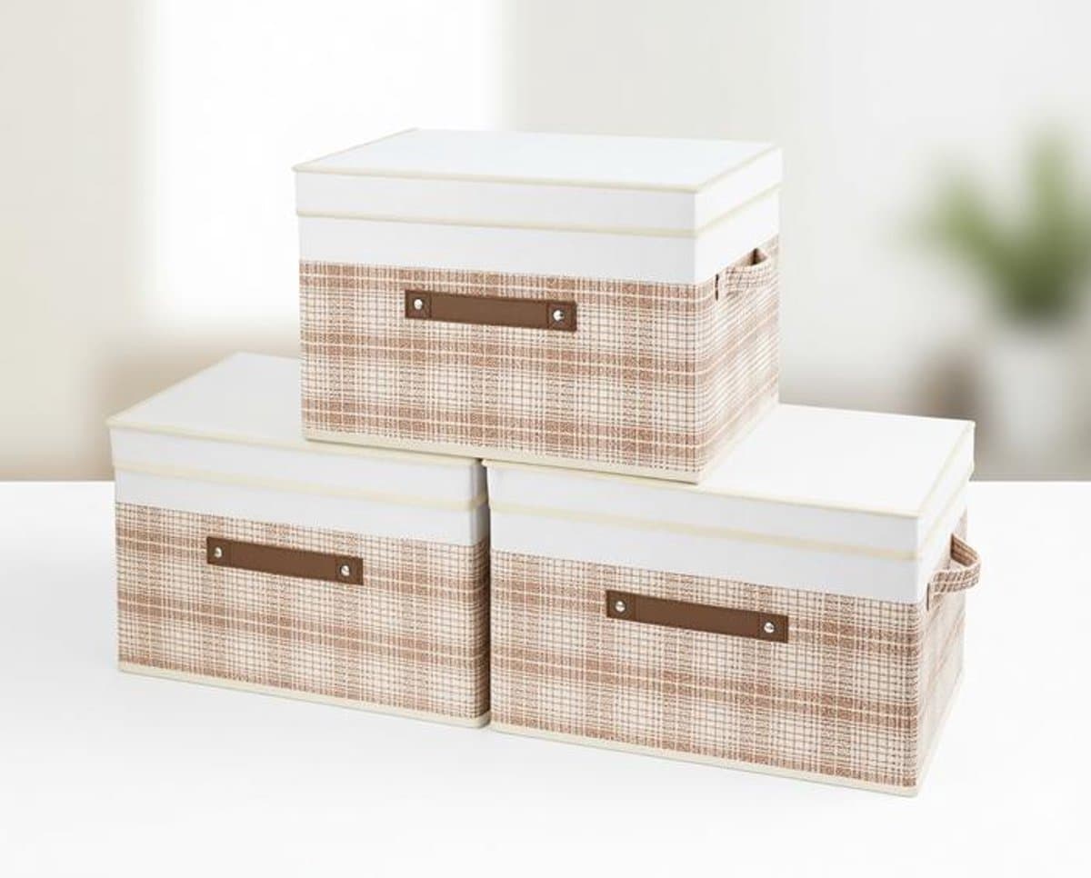 ElleMooi Opvouwbare Opbergdozen met Deksel - Set van 3, 38x25x25 cm, Lichtbruin