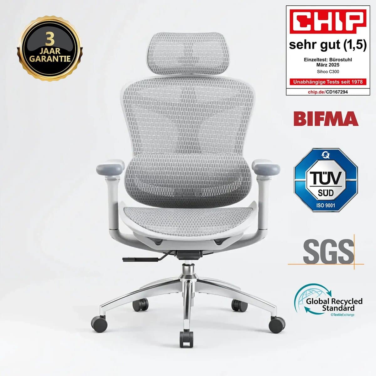 Sihoo Doro C300 ergonomische bureaustoel met ultra zachte 3D-armleuningen, dynamische lendensteun voor thuiswerk, verstelbare rugleuning, wit