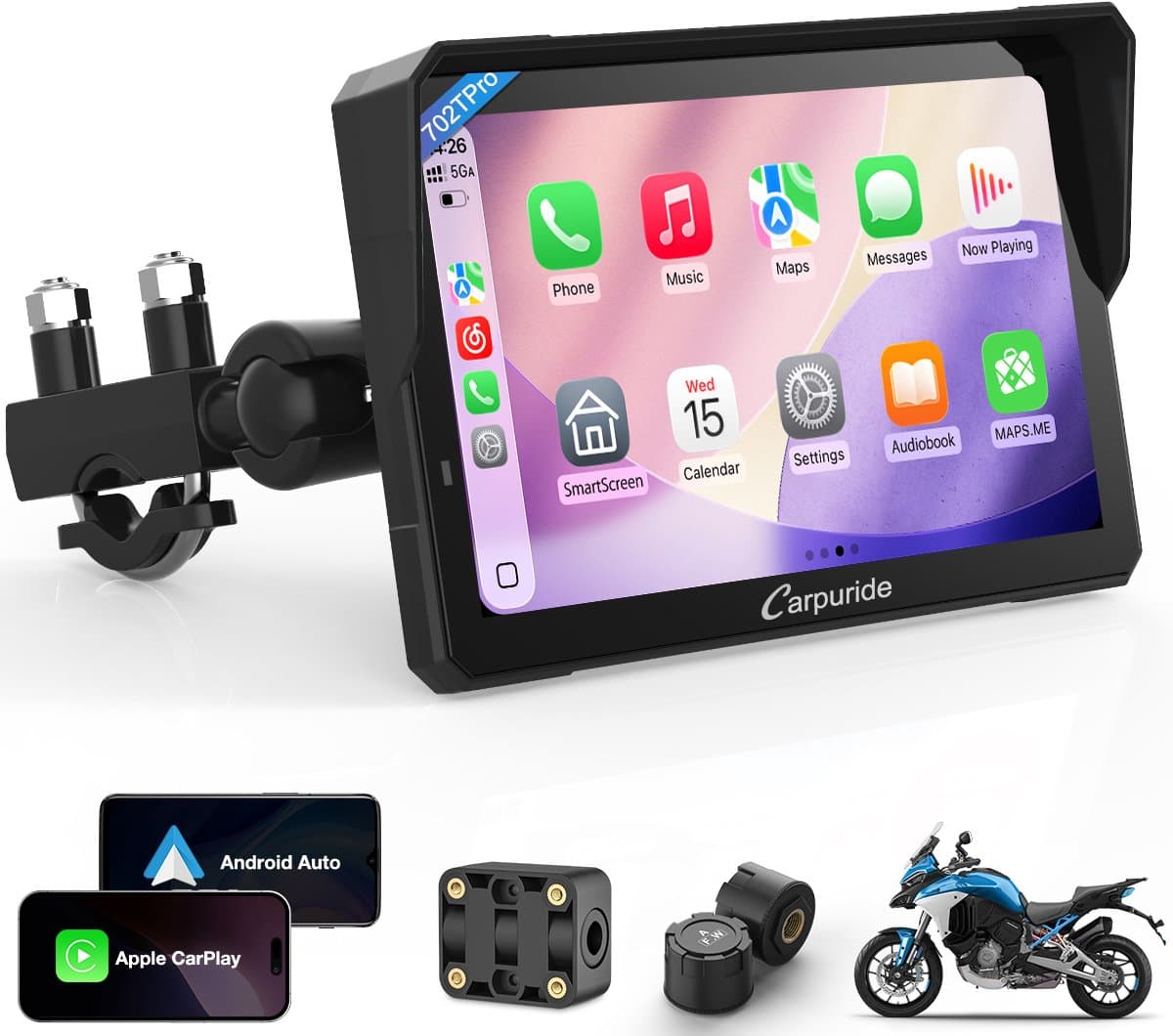 CARPURIDE W702Pro +TPMS - Motorfiets Carplay-scherm - intercomfunctie - kompas - barometer - touchscreen - muziek delen - dubbele Bluetooth