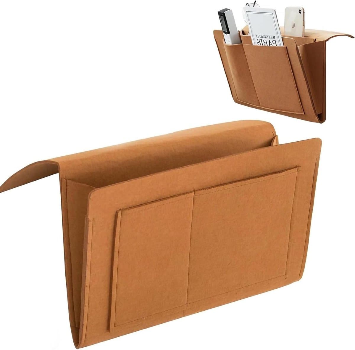 Bedopbergzak 20 x 32 cm, Vilt Organizer voor Slaapkamer met 5 Vakjes voor Telefoon, iPad, Afstandsbediening, Boeken en Tijdschriften (Bruin)