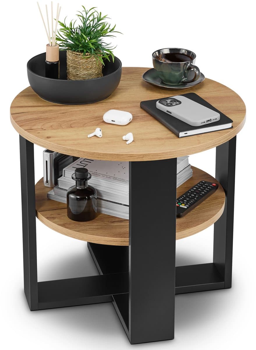 defiPad Salontafel Rond Ø53 cm - Bijzettafel - Zwart + Eiken Craft met Plank