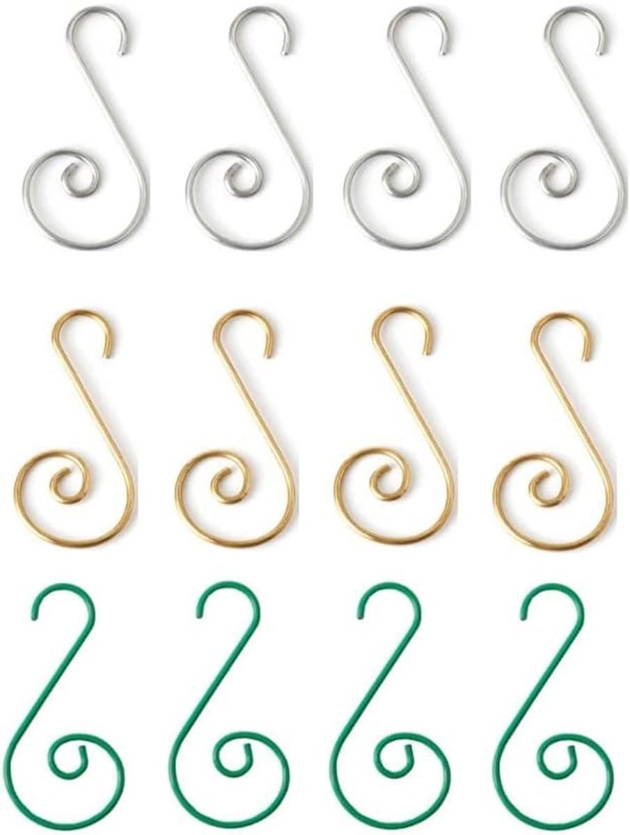 120 Stuks S-Haakjes voor Kerstboomdecoraties, Mini Metalen S-Haakjes voor Ornamenten in Goud/Zilver/Groen, Perfect voor Kerstversiering (4 x 2 cm)