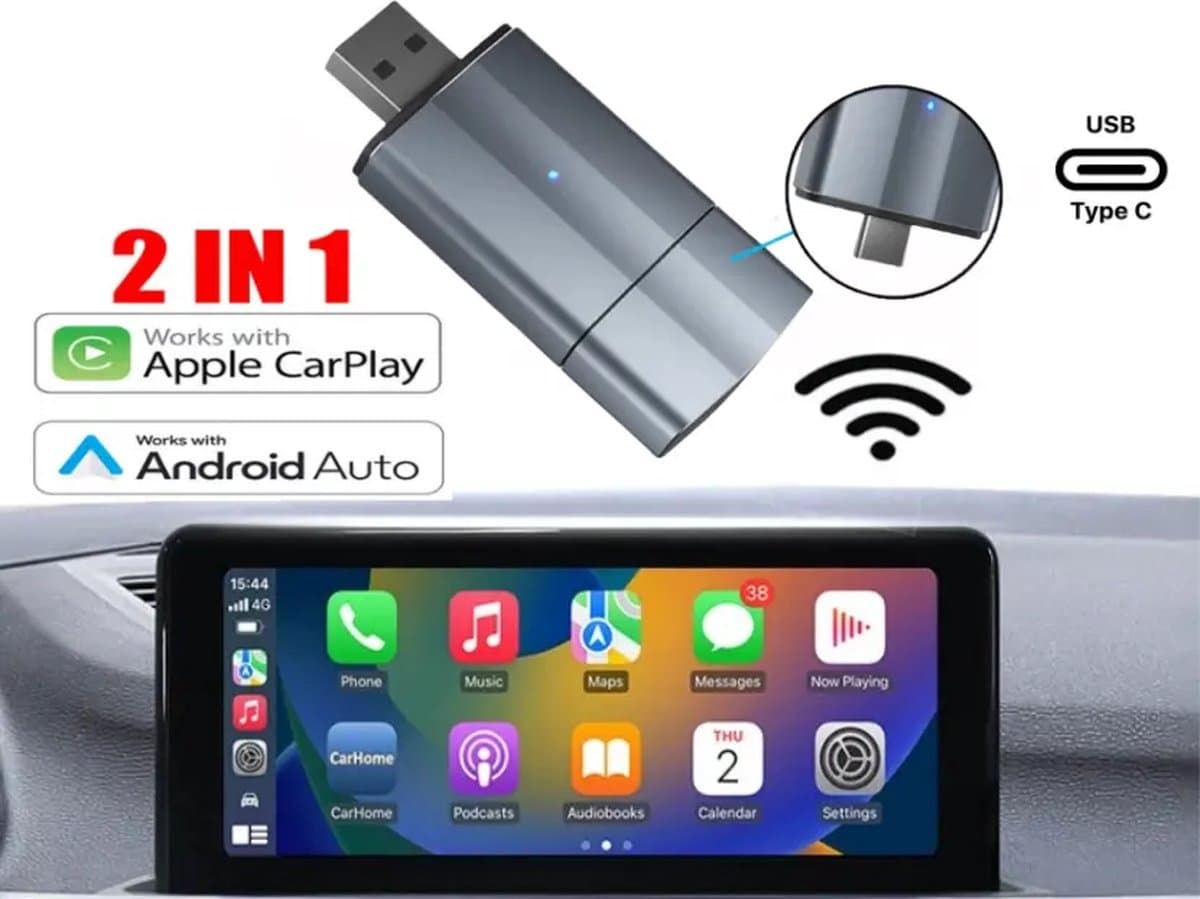 Mini 2-in-1 CarPlay & Android Auto Dongle - Draadloze CarPlay en Android Auto Verbinding (metalen behuizing)