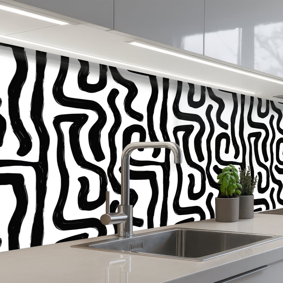 Keuken achterwand 200x80 cm - Spatscherm zelfklevend Modern - Lijnen - Zwart - Muurbeschermer - Spatwand fornuis