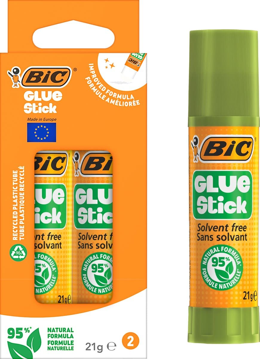 BIC ECOlutions Lijmstift 21g - 2 Stuks - 95% Natuurlijk - Hobbylijm Papier Karton Foto