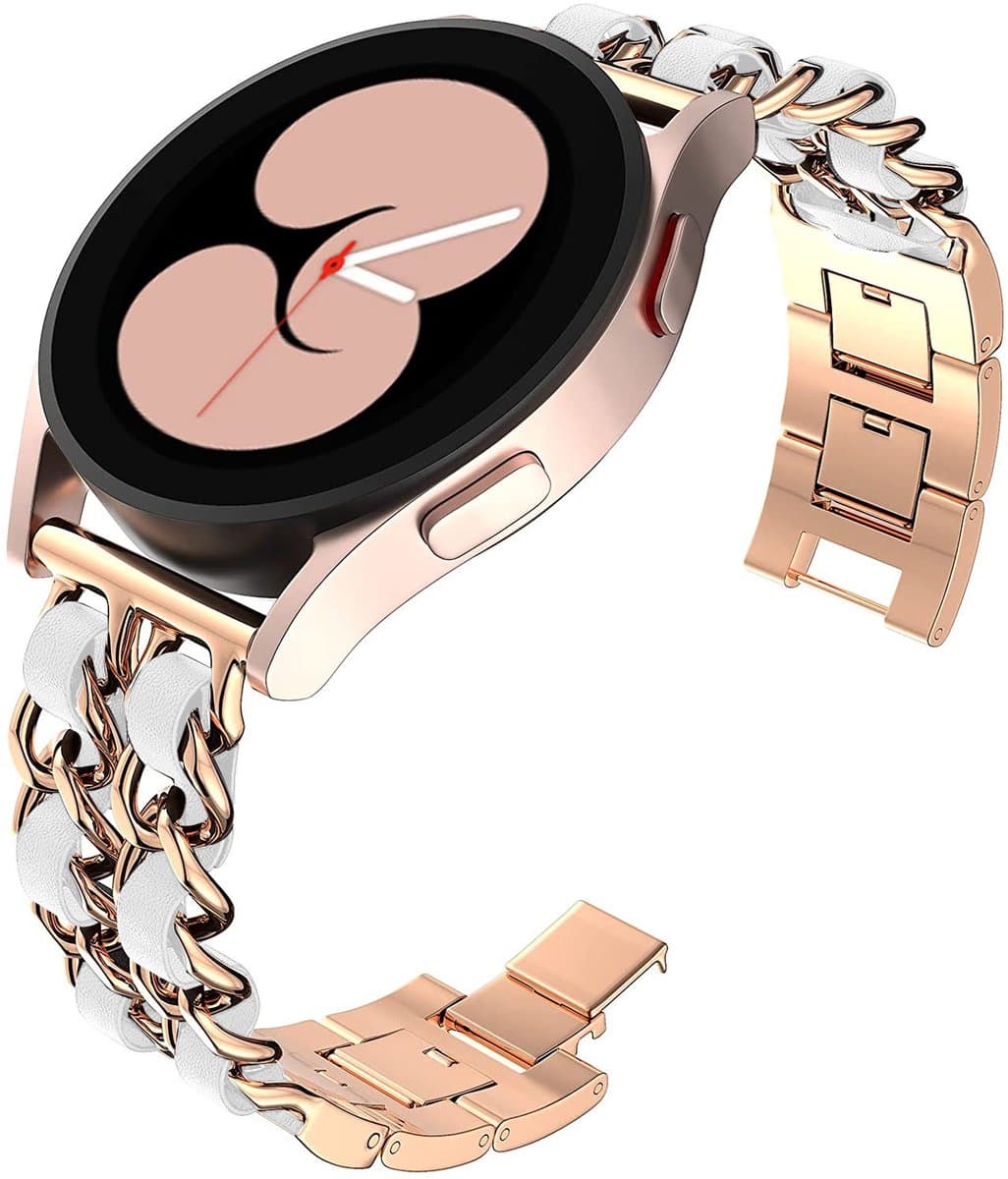 Stravo 22mm Leren Horlogebandje – Leer Bandje met Metalen Schakels – Geschikt voor Samsung Galaxy Watch 3 (45mm) / Watch 46mm / Gear S3 – Voor Garmin Vivoactive 4 / Venu 2 / Venu 3 / Forerunner 255 / 265 / 570 (47mm) – Roségoud/Wit