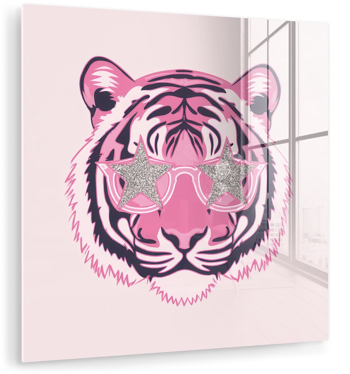 MuchoWow® Glasschilderij 90x90 cm - Schilderij acrylglas - Tijger - Glitterzonnebril - Roze - Foto op glas - Muurdecoratie woonkamer - Wanddecoratie slaapkamer - Schilderijen