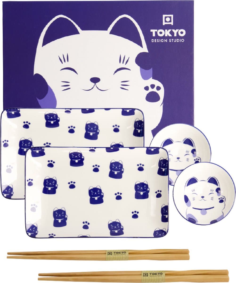 Tokyo Design Studio – Kawaii – Maneko – Blauw – Sushi Set – 6-delig – 2 Persoons