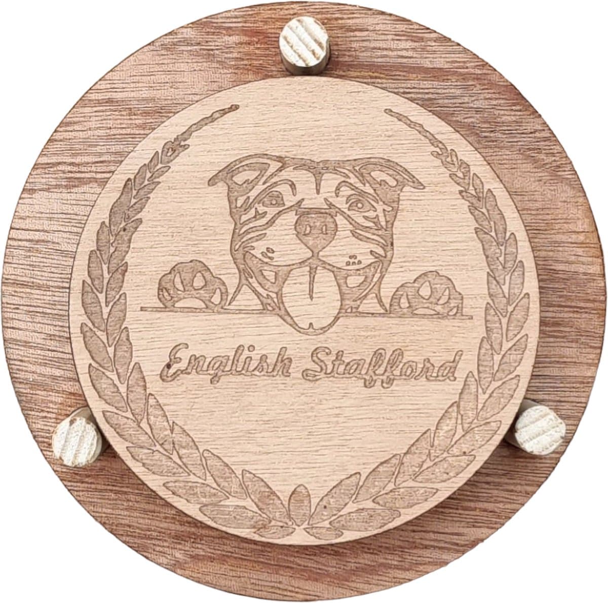 K9 World by van der Veeke, onderzetters met English Stafford, gegraveerd op hout