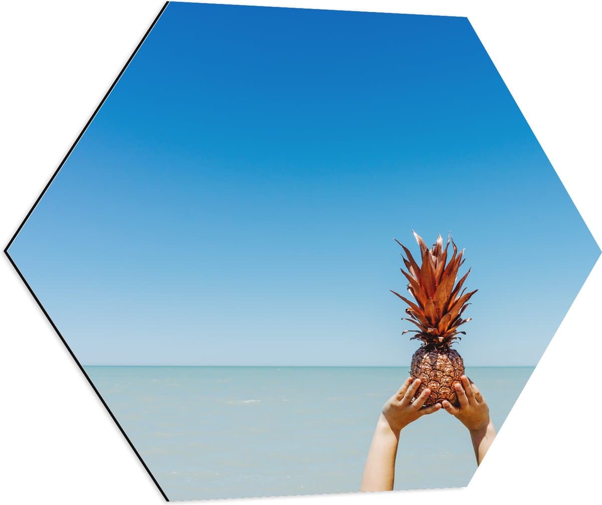 Dibond Hexagon - Ananas boven de Zee - 80x69.6 cm Foto op Hexagon (Met Ophangsysteem)