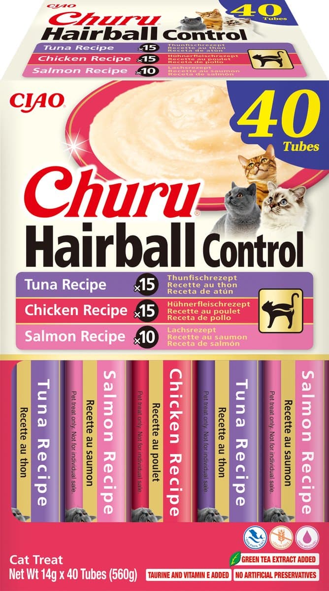 INABA CIAO Churu Hairball Creamy Puree Kattensnack Liquid Tonijn & Kip 40x14g