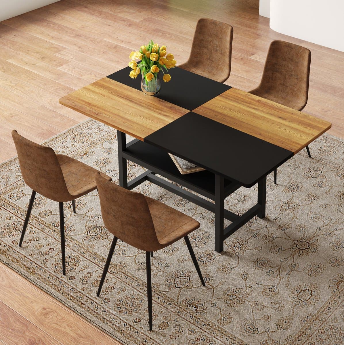 Wishdor Eettafelset met 4 stoelen - Rechthoekig 160 cm - Opbergrek onder tafel - Modern design - Hout en metaal - 160 x 90 x 76 cm