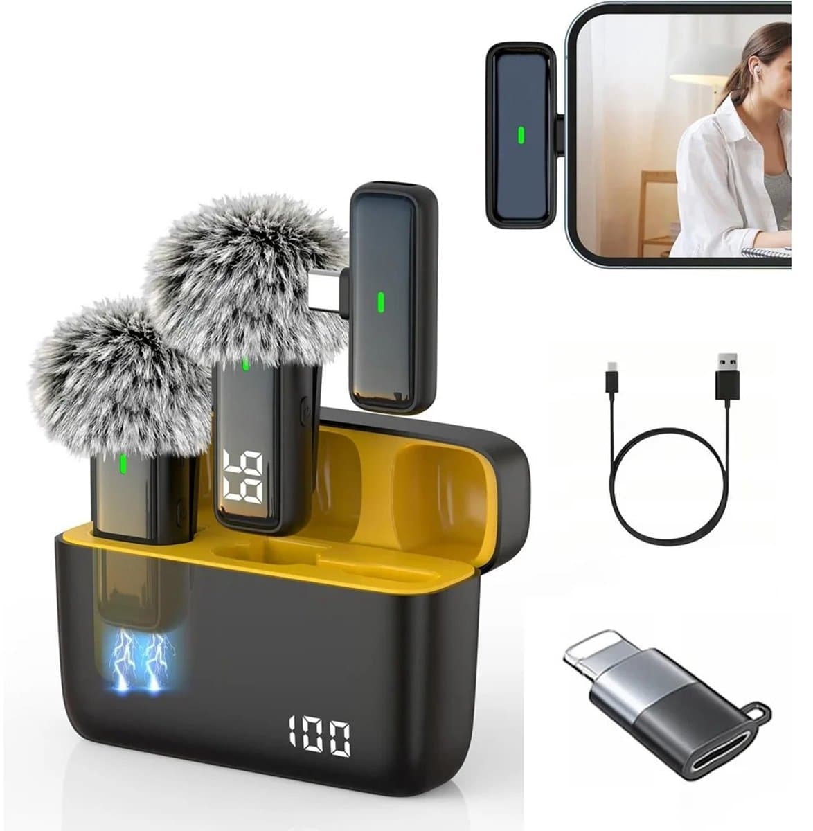 Veya Draadloze microfoon - Voor USB-C - Met iPhone adapter - Microfoon draadloos - Zwart - Ruisonderdrukking - Oplaadetui