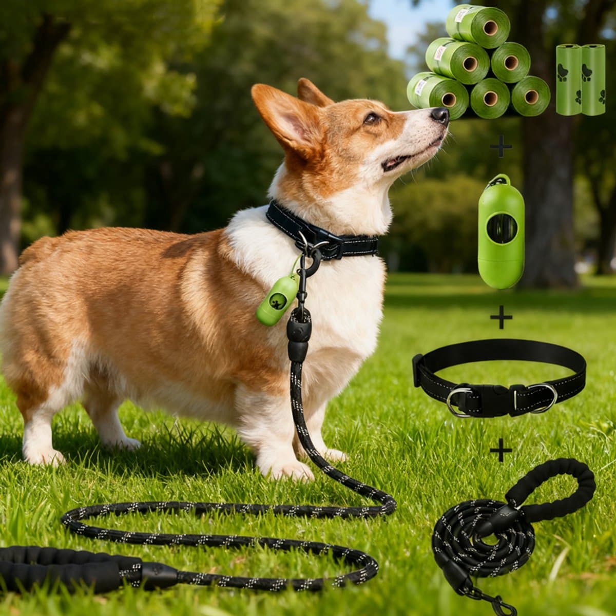 OUYLAF Multifunctioneel Hond Uitlaatpakket - 11 stuks - Complete Hondenriem Set met Reflecterende Riem - Hondenriem reflecterend + Verstelbare halsband + Huisdierafvalzakken (met dispenser) - Zwart + Groen - Hondenriem set compleet