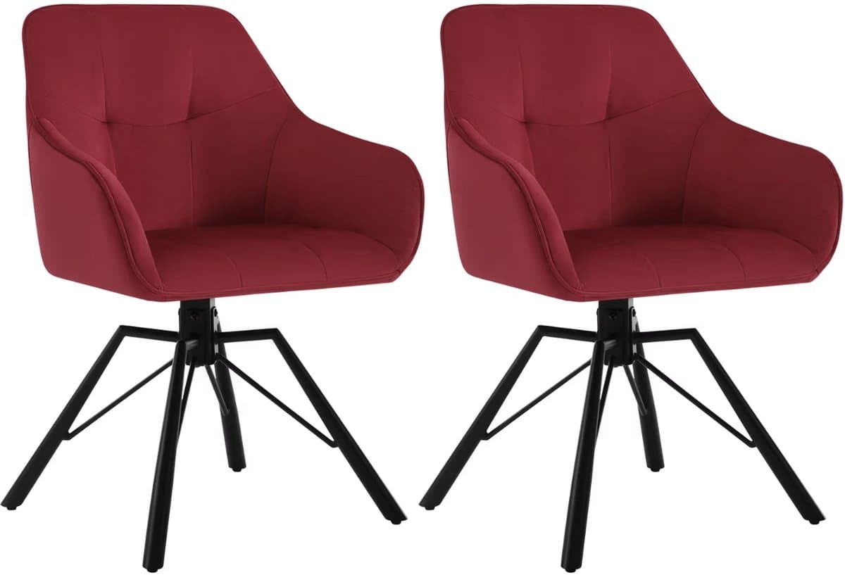 Varnox Draaibare Eetkamerstoelen – Set van 2 – Eetkamerstoel met Armleuningen – 360° Draaibaar – Fluweel – Rood