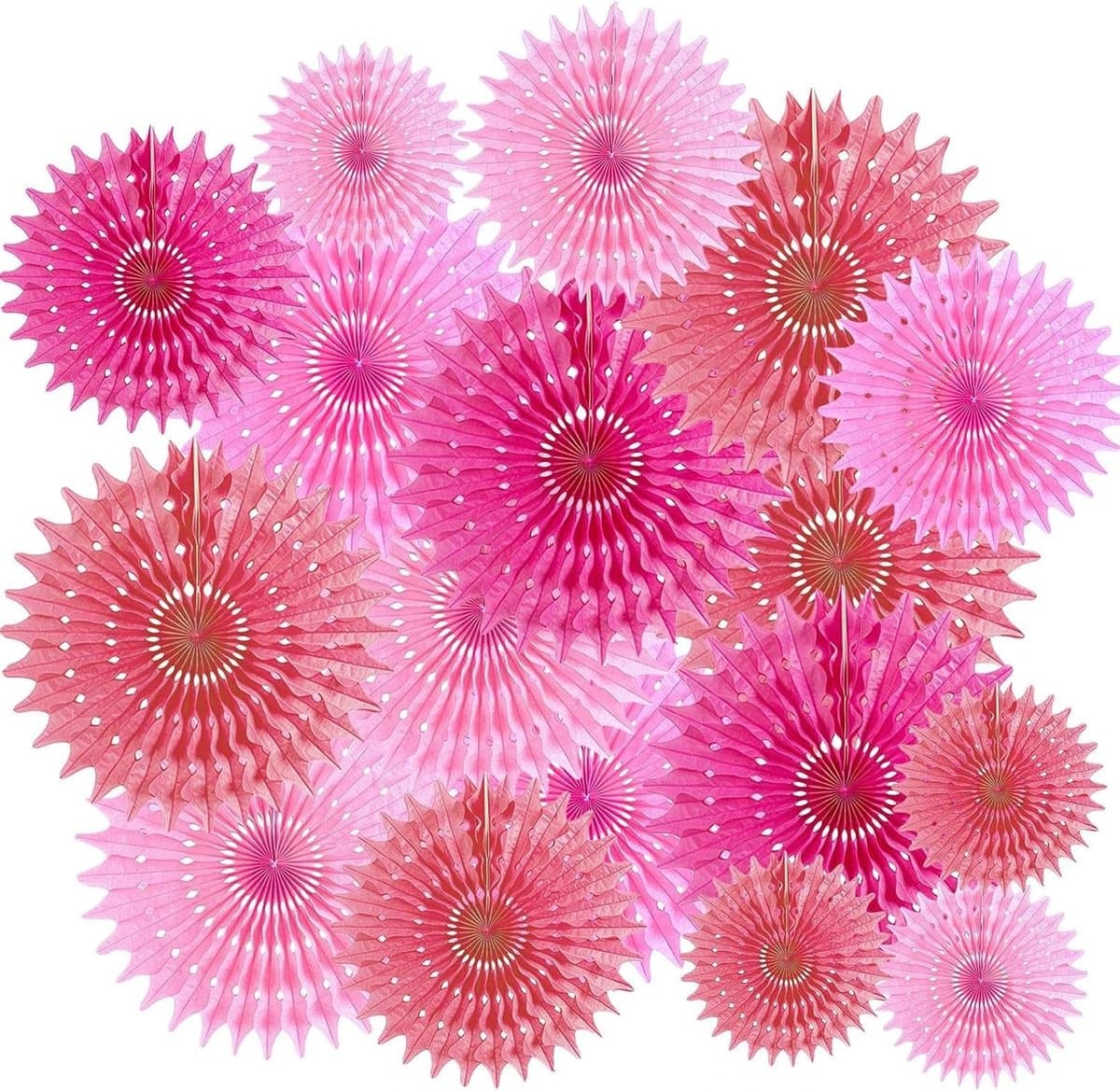 16 Stuks Papieren Bloemen en Waaiers voor Bruiloft Decoratie, Feestversiering en Creatieve DIY Projecten - Rood en Roze, 20/25/35 cm