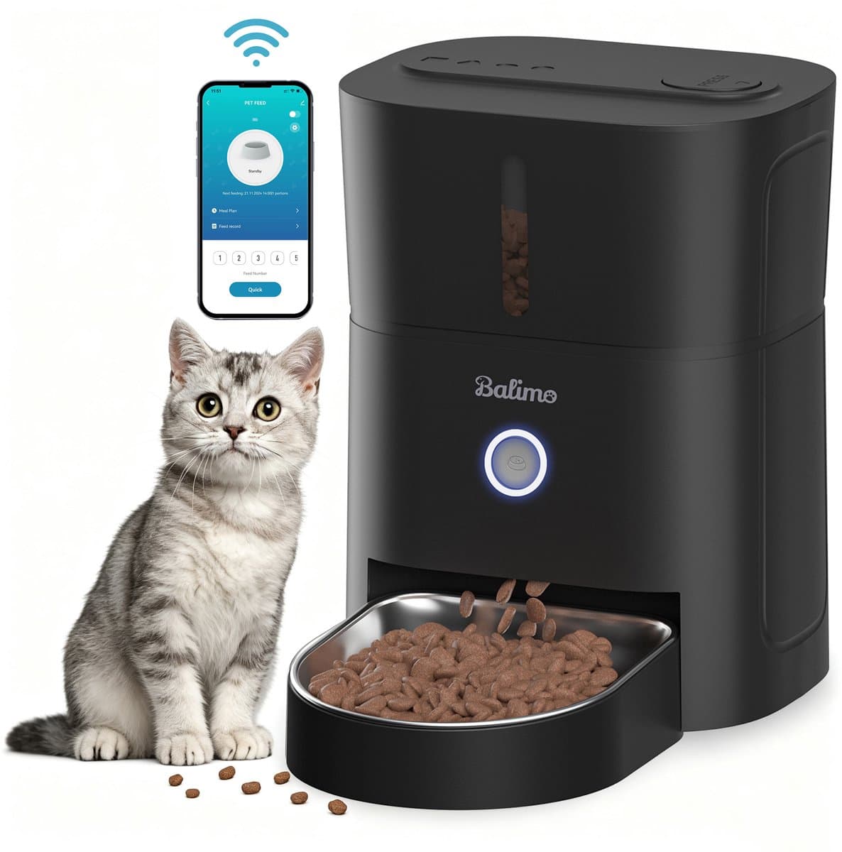 Balimo Automatische Voerbak - Voor Katten en Honden - 3 L Voerautomaat - WiFi Verbinding - Met App Besturing - Voerdispenser voor Droogvoer - Smartphone Besturing - Wit