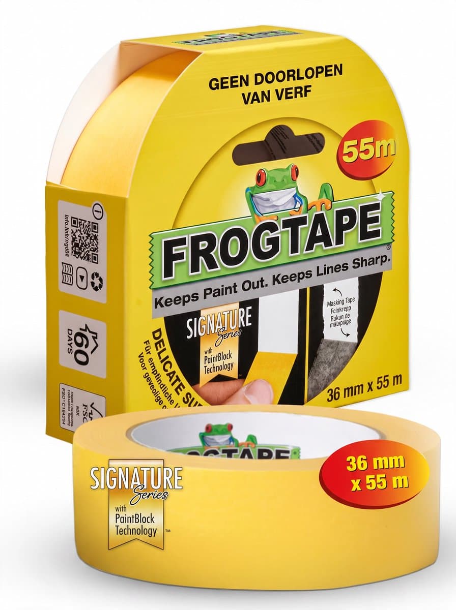 Frogtape Delicate Surface - Afplaktape / Schilderstape - Geel 36 mm x 55 m voor strakke lijnen zonder verfdoorloop - Geschikt voor alle verftypes binnen en buiten op ruwe of vochtige oppervlakken - Stevige papieren professionele kwaliteit