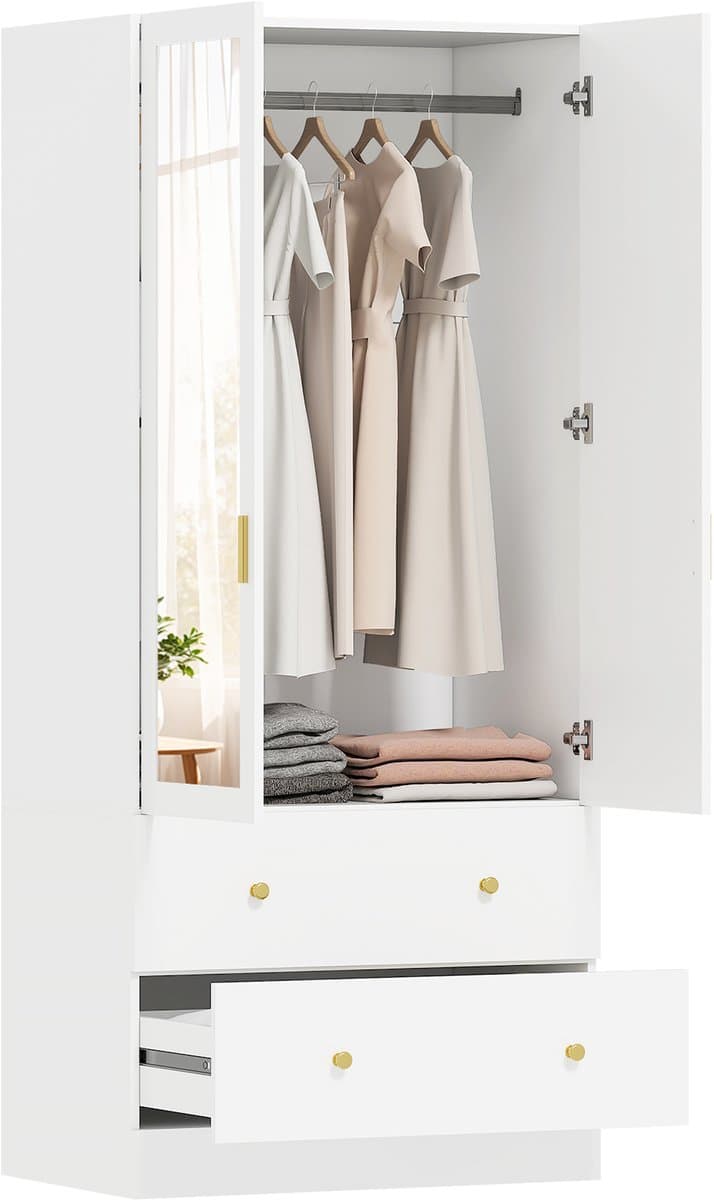 Kledingkast met Spiegel - Wit - 2 Lades - 2 Deur - Garderobekast Slaapkamer - Opbergkast Kleding - 80 x 50 x 180 cm