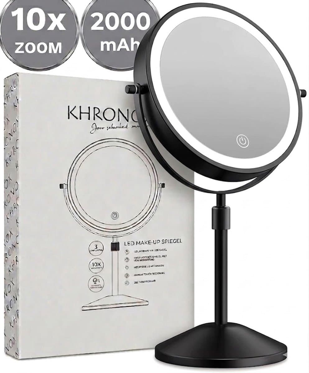 KHRONOX® Make Up Spiegel, Make-Up Spiegel Met LED Verlichting, 10x Vergroting, 3 Lichtstanden, USB Oplaadbaar, 2000 Mah, Vergrootspiegel, Make Up Spiegel 10x Vergroting, Badkamerspiegel, Scheerspiegel, 360° Draaibaar, Valentijnsdag, Cadeautje, ZWART