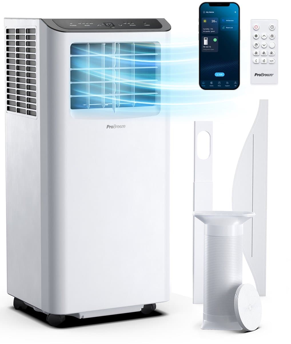 Pro Breeze Mobiele Airco – 14000 BTU - Extra Krachtig – 4-in-1 Luchtkoeling, Ontvochtiging, Ventilatie en Slaapmodus – Airco voor Slaapkamer, Woonkamer, Kantoor, Gym – Smart Home WiFi - 24-uurs Timer & Incl Raamafdichtingkit – Energieklasse A – Wit