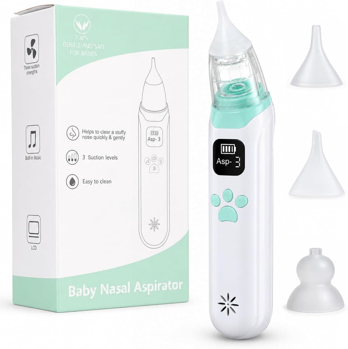 Neuszuiger voor baby's, 65 kPa, elektrisch, oplaadbaar, met 3 zachte siliconen tips en 3 zuigstanden, stil, led en muziek, voor baby's en baby's