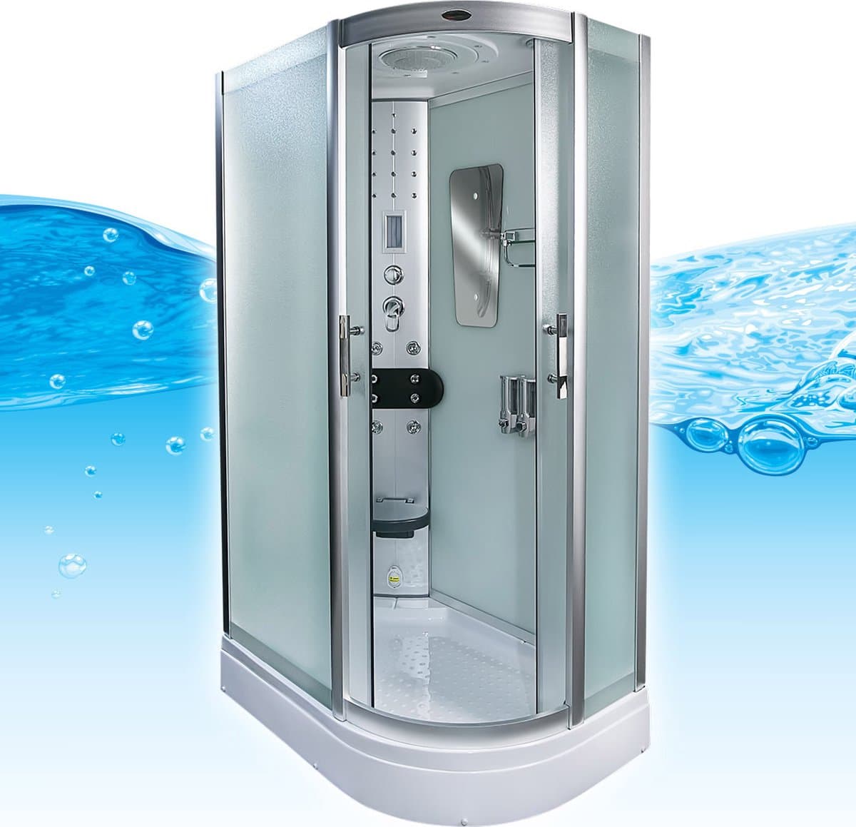 Stoomcabine 120X80X215 Palma. Luxe Stoomdouche, MENGKRAAN, RECHTS, MAT GLAS. Kit-Vrij, Wit, Veiligheidsglas, LED, Radio, Speakers, Zitje, Massage, Hoekmodel, Kwartrond, Schuifdeuren, Douchebak, Afvoer, Sifon, A Kwaliteit, Full Options. Royal Sanitair