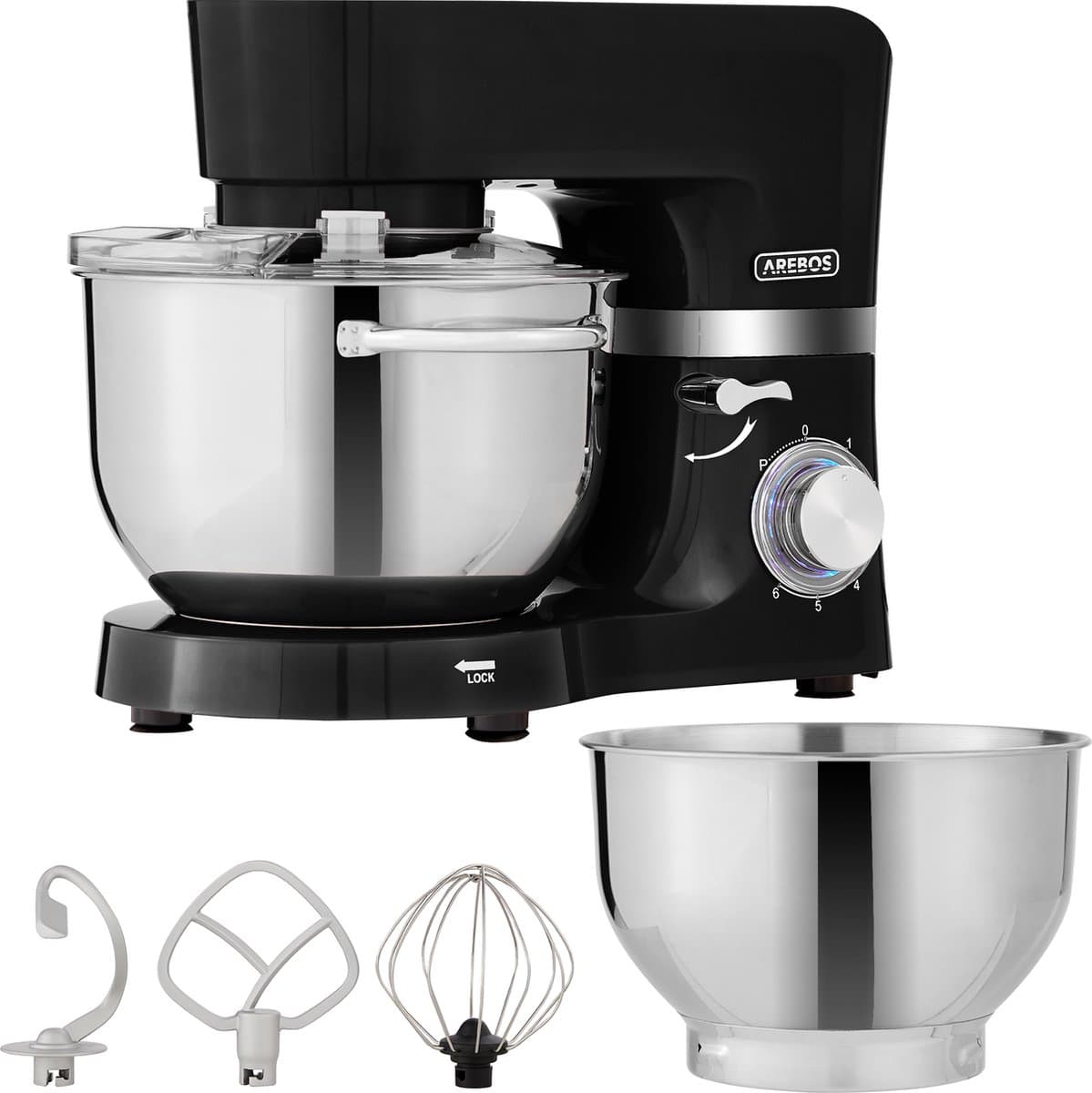 AREBOS Keukenmachine - 1500W - Keukenrobot - 5,5L&4,5L - Keukenmixer - Foodprocessor - Roestvrij Stalen Mengkom - 6 Snelheden - Zwart