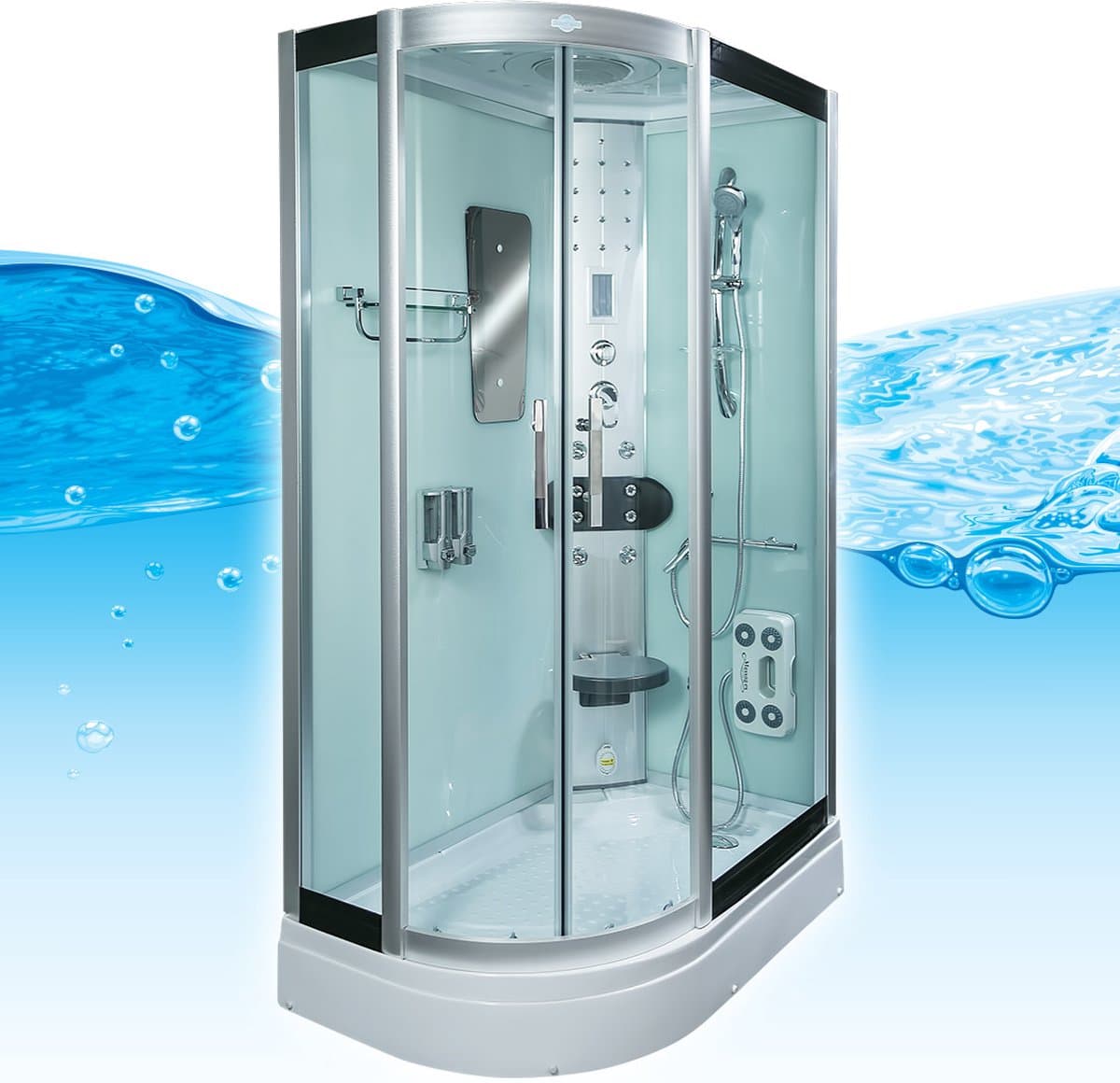 Complete Gesloten Douchecabine 120X80X215 Palma LINKS. MENGKRAAN. Luxe, Kit-Vrij, Wit, Veiligheidsglas, LED, Radio, Speakers, Zitje, Massage, Hoekmodel, Kwartrond, Schuifdeuren, Douchebak, Afvoer, Sifon, Verschillende, Full Options. Royal Sanitair