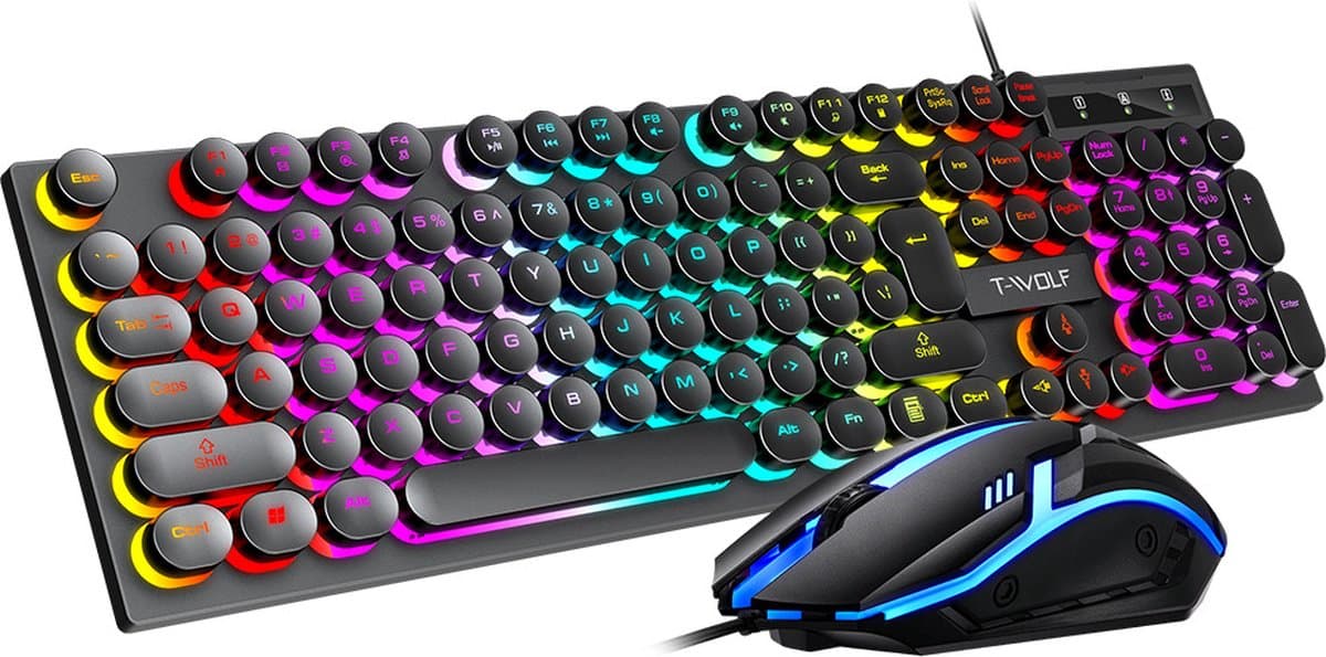 Gaming Combo Set - Membraam Toetsenbord & Muis - Keyboard - Retro stijl - Typemachine - LED RGB Verlichting - Bedraad - QWERTY - Computer - Zwart