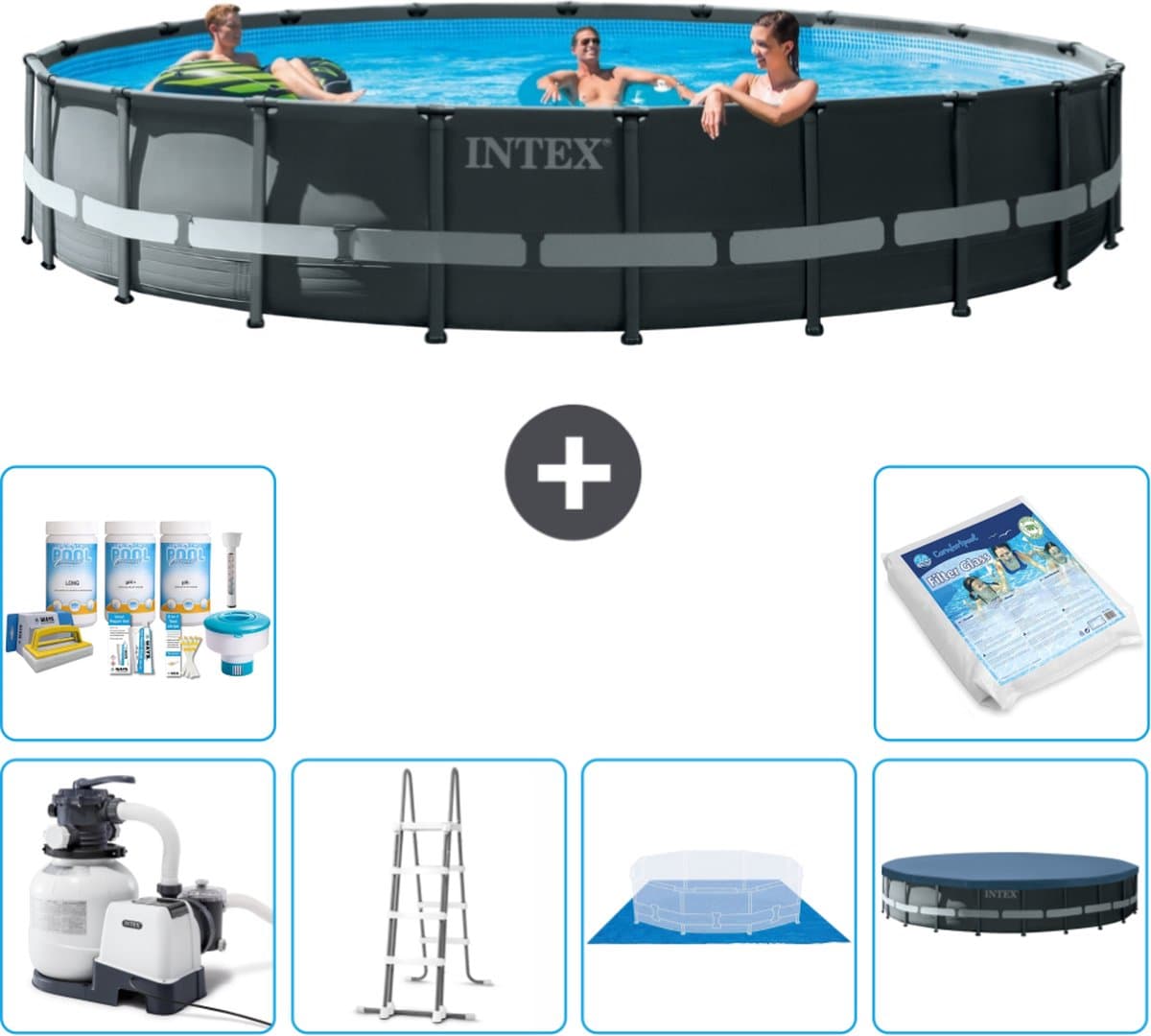 Intex Rond Ultra XTR Frame Zwembad - 610 x 122 cm - Inclusief Pomp - Ladder - Grondzeil - Afdekzeil Onderhoudspakket - Glasparels