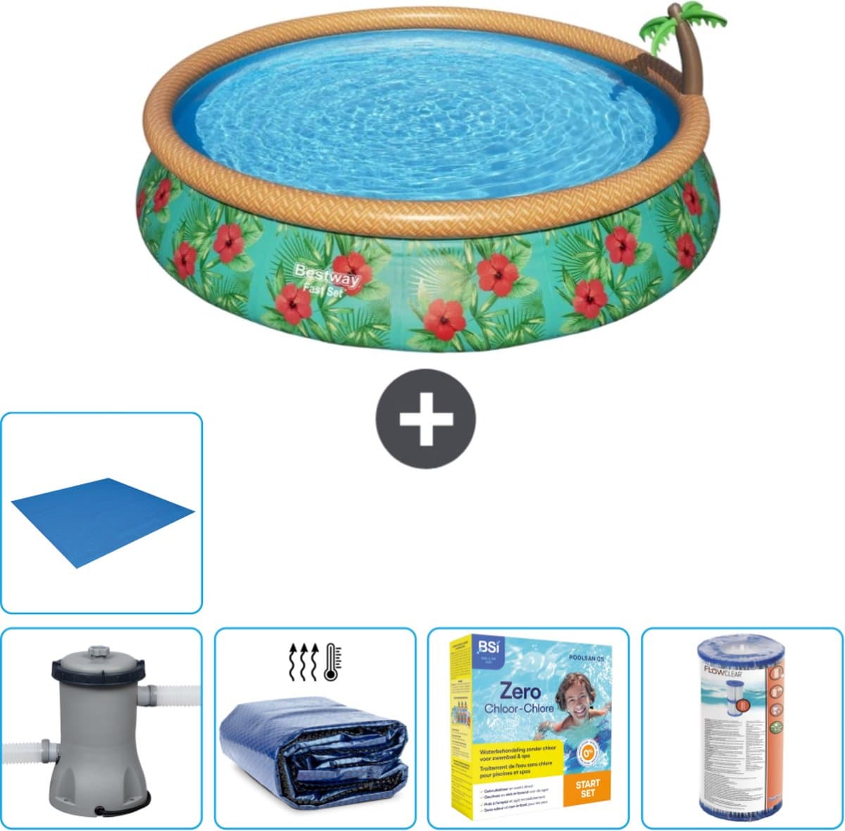 Bestway Rond Opblaasbaar Fast Set Zwembad - Paradijsprint - 457 x 84 cm - Inclusief Pomp Solarzeil - Onderhoudspakket - Filter - Grondzeil