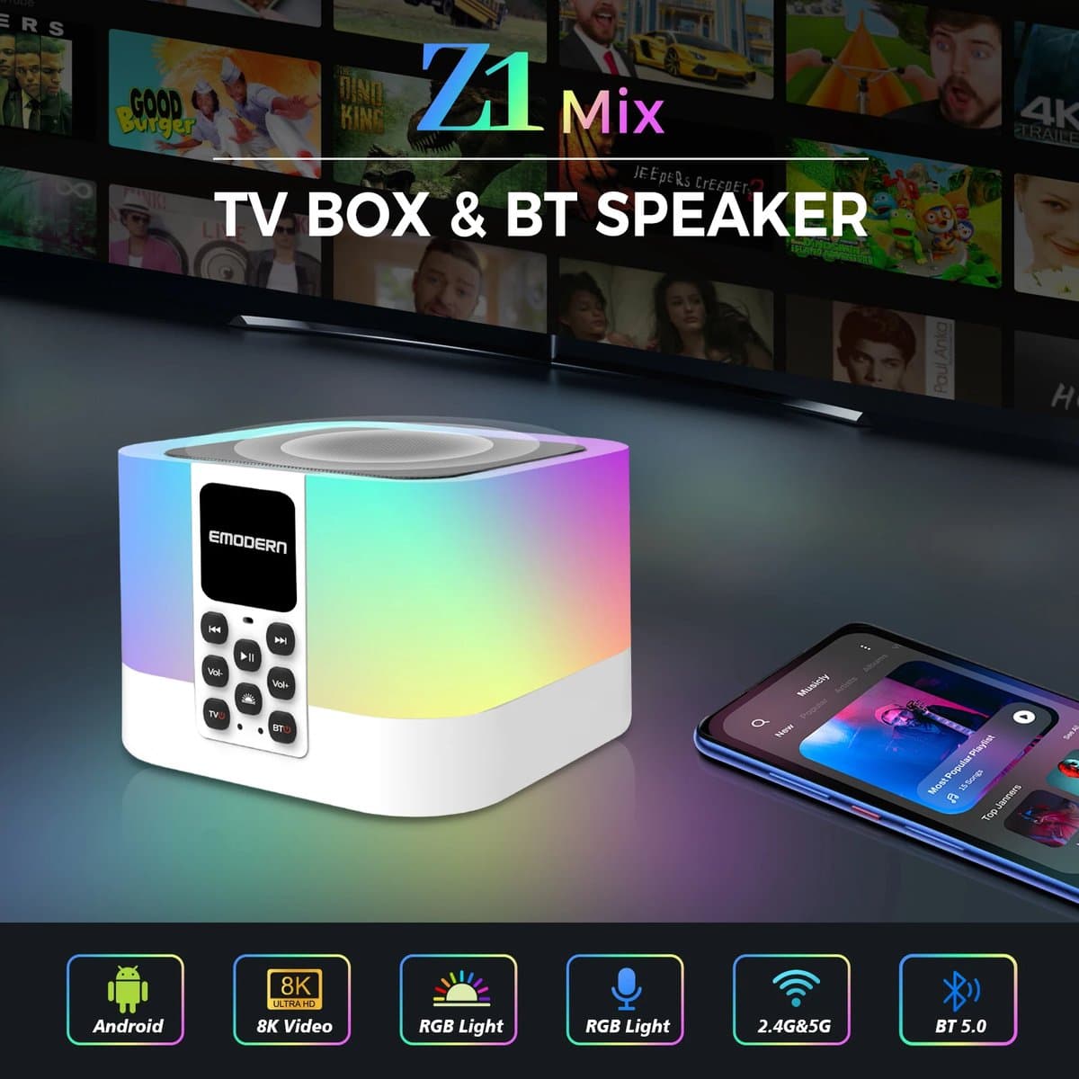 Xcruiser Home Smart Tv Box Met Speaker Z1 Mix Met 4K Android 13.0 Bt5.2 Dual Wifi Allwinner H313 Quad-Core Chip Settopbox