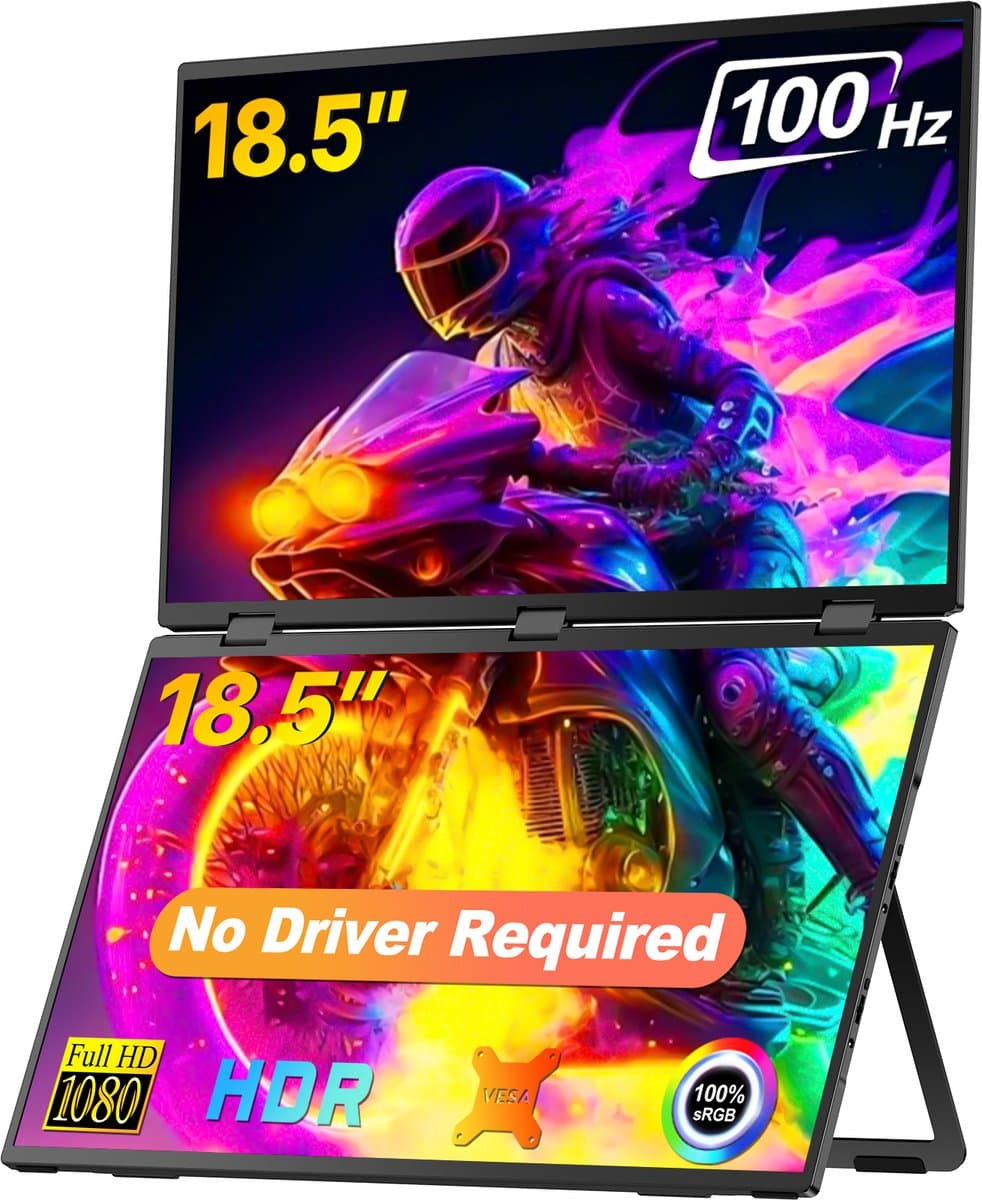 UPERFECT 185E11 Dual Portable Monitor 18.5" 100Hz 100% sRGB Draagbaar Monitor with Stand & VESA Mount for Laptop/Switch/MacBook