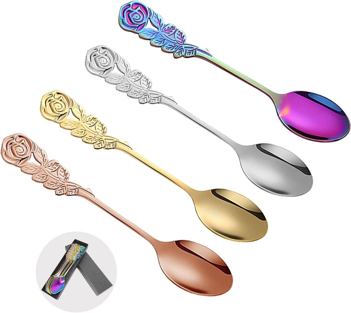 Koffielepel cadeau - Set van 4 kleuren met zacht roze handvat 13 cm - Taartlepel, koffie dessertlepel, suiker roerlepel