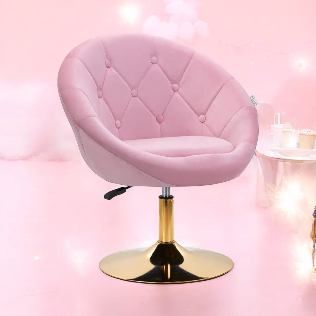 Draaistoel LUX roze fluweel -salonstoel - decor - visagie stoel - kapper stoel - fluweel - gouden stoel - bureaustoel