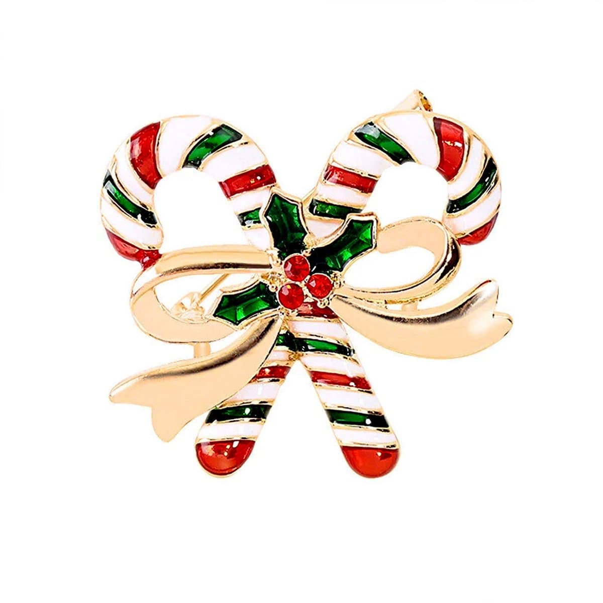 Winkrs - Kerst Broche – Snoepstokken met Gouden Strik – Candy cane, feestdagen, 3,5 x 4 cm - RVS