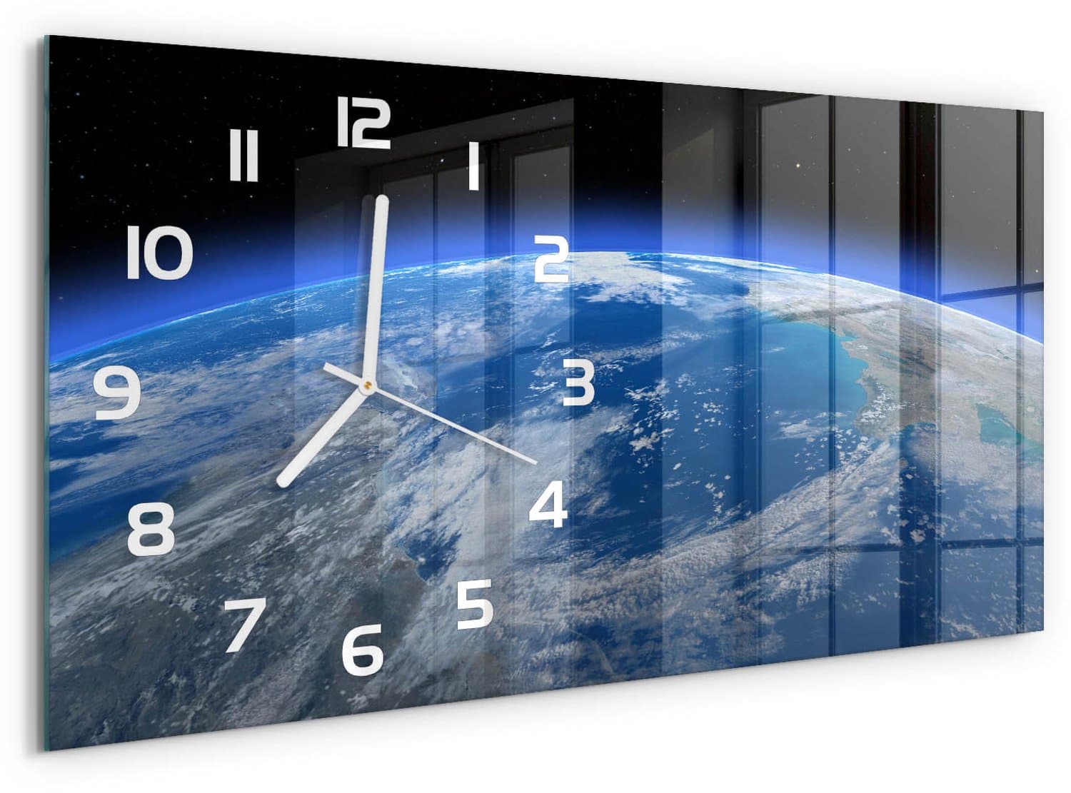 Tulup Wandklok - Planeet Aarde Glazen Wandklok Design - 60x30 cm - Blauw Klok Glas Met Opdruk - Witte handen - Rechthoekige Klok - Wandklok Glas Met Motief - Decoratieve Glazen Klok