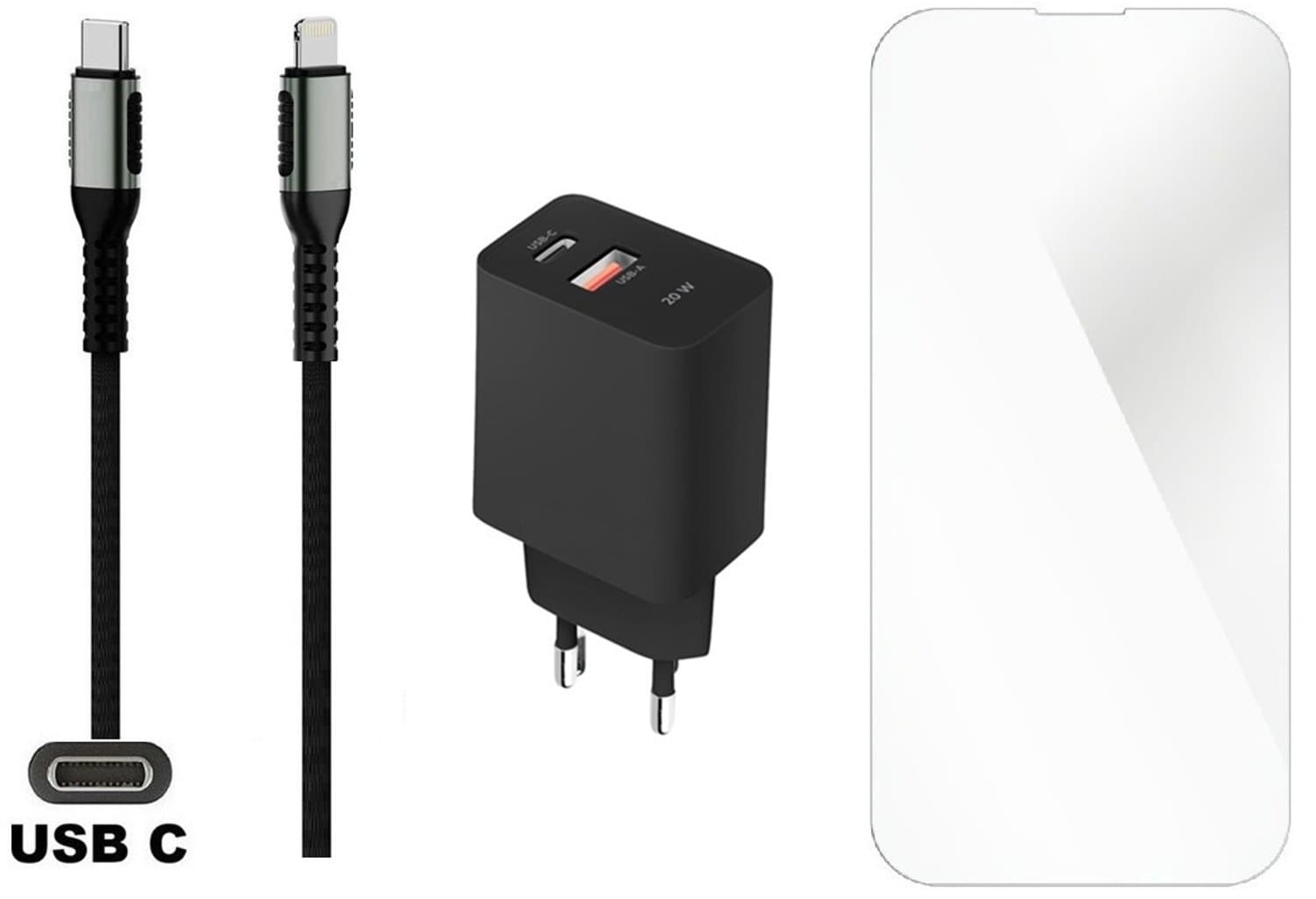 20W snellader met 2 poorten en screenprotector + 0,5m USB C naar Lightning kabel. PD lader. Universele oplader adapter. Glazen screenprotector past op Apple iPhone 14 Pro Max