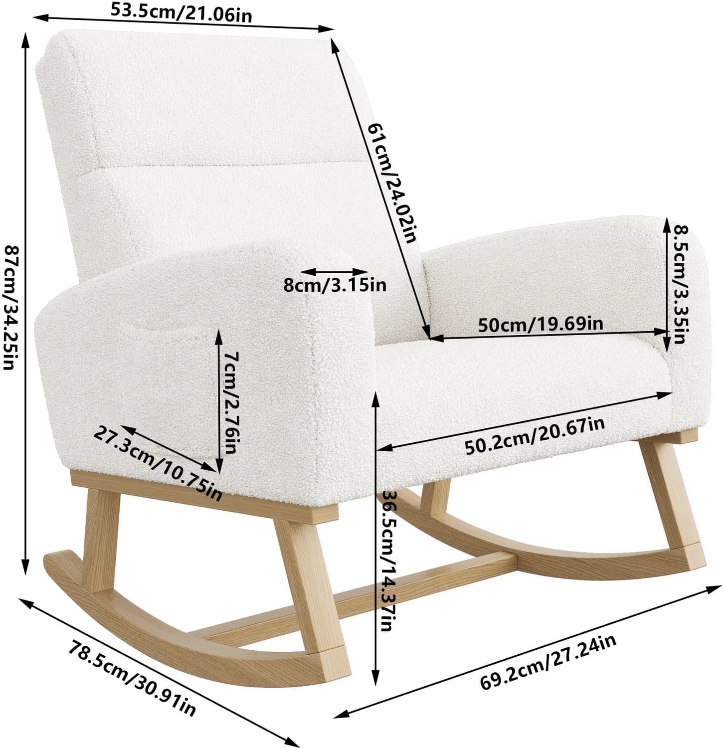 Niamora Schommelstoel - Wiegstoel - Rocking chair - Lounge schommelstoel - Met zijzakken - Massief houten onderstel - Wit