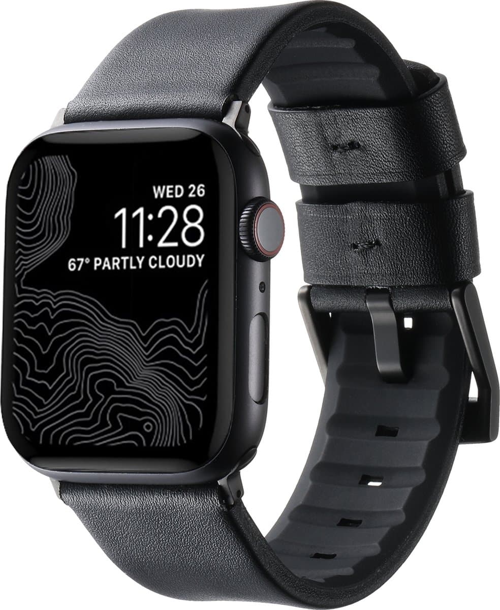 By Qubix - Leer + siliconen band - Zwart + zwarte aansluiting en gesp - Geschikt voor Apple Watch 44mm / 45mm / 46mm / 49mm (Ultra 1,2 en 3)