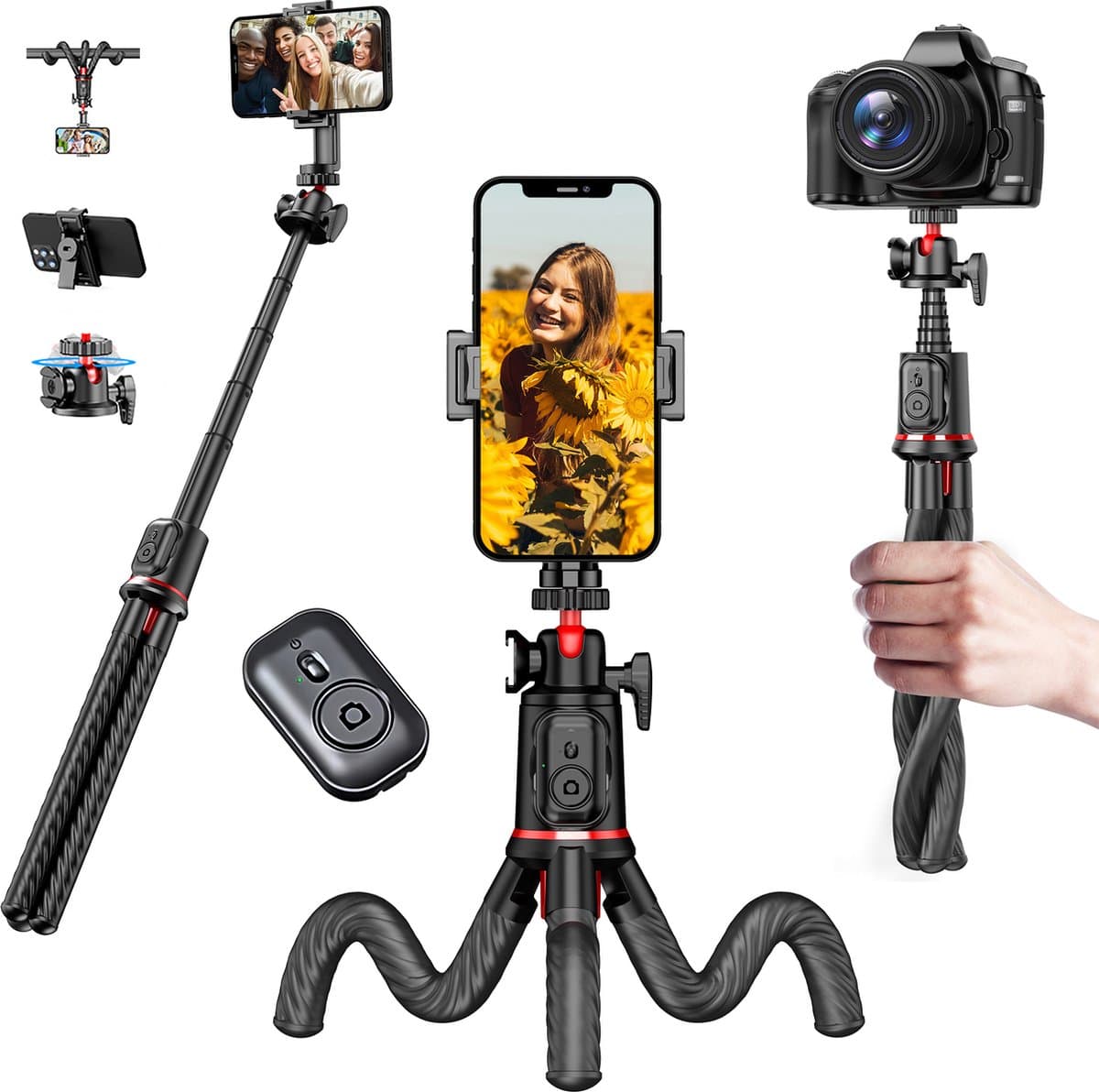 MOJOGEAR TS1 Telefoon Statief - 34 cm - Flexibel camera statief - Gorillapod - Selfie stick - Inclusief telefoonhouder en bluetooth afstandsbediening - Smartphone tripod - Zwart/rood