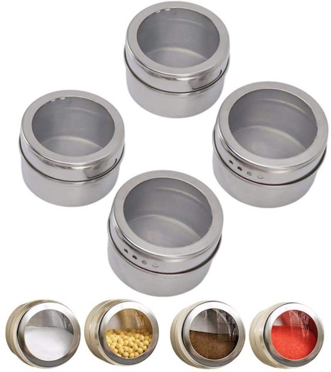 4 stuks - Kruidenpot - Magnetisch kruidenpotje - Magnetisch kruidendoosje - Zout- en peperstrooiers - Transparant deksel - Stofdicht - Vochtbestendig - Zilverkleurig - 6,5 x 6,5 x 4,5 cm - Geschikt voor keuken, koelkast, buitengrill