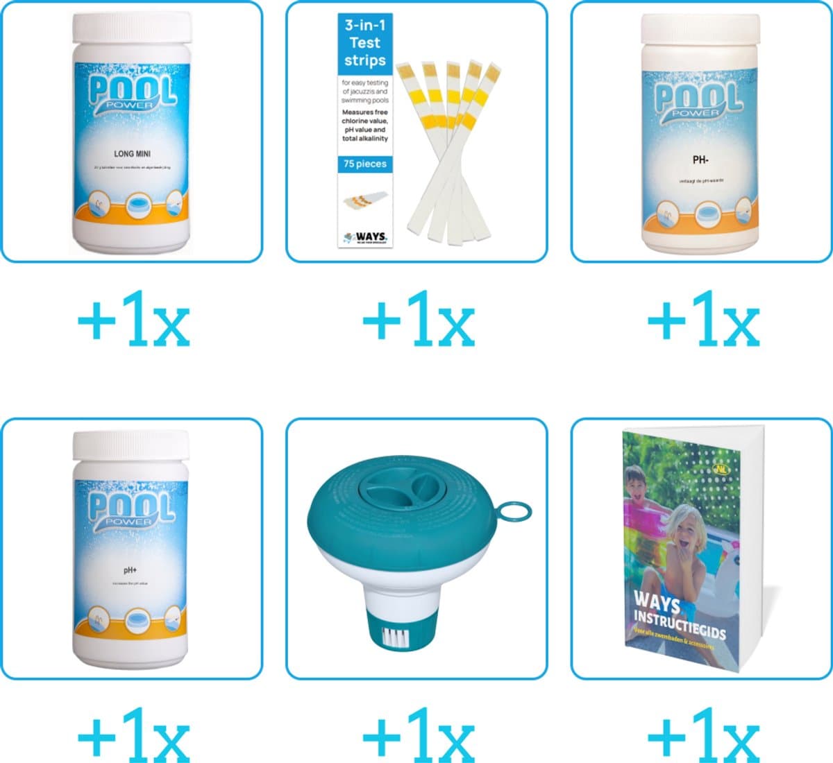 Zwembad Onderhoudspakket - Onderhoud Zwembad - bevat Chloor - Testrips - PH-min - PH-plus - Chloordrijver en Zwembadgids (6-delig)