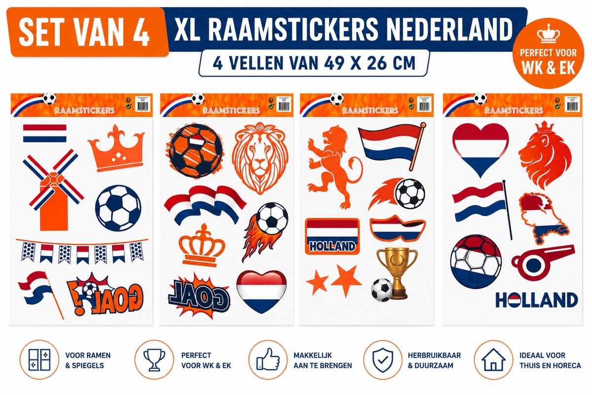 SET van 4 XL WK Voetbal Raamstickers Nederland – Oranje EK/WK Versiering – Nederlands Elftal Decoratie 49x26 cm